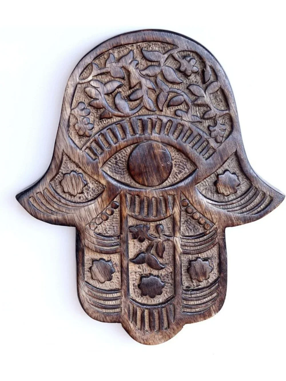 Hand-Carved Hamsa Wall Decor - Bohemian Mango Wood Art with Vines & Flowers